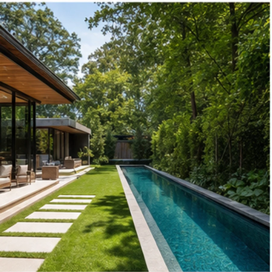 Long lap pool beside a modern pavilion